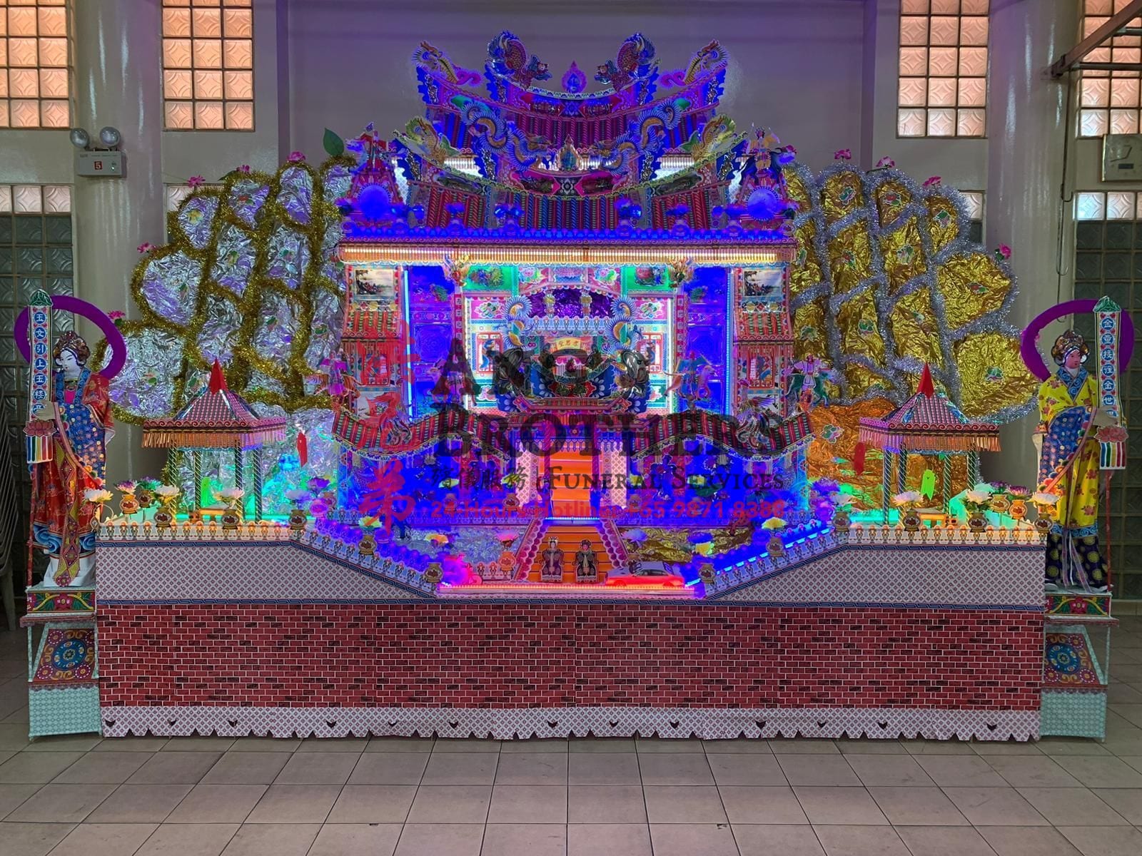 A grand neon paper temple mansion